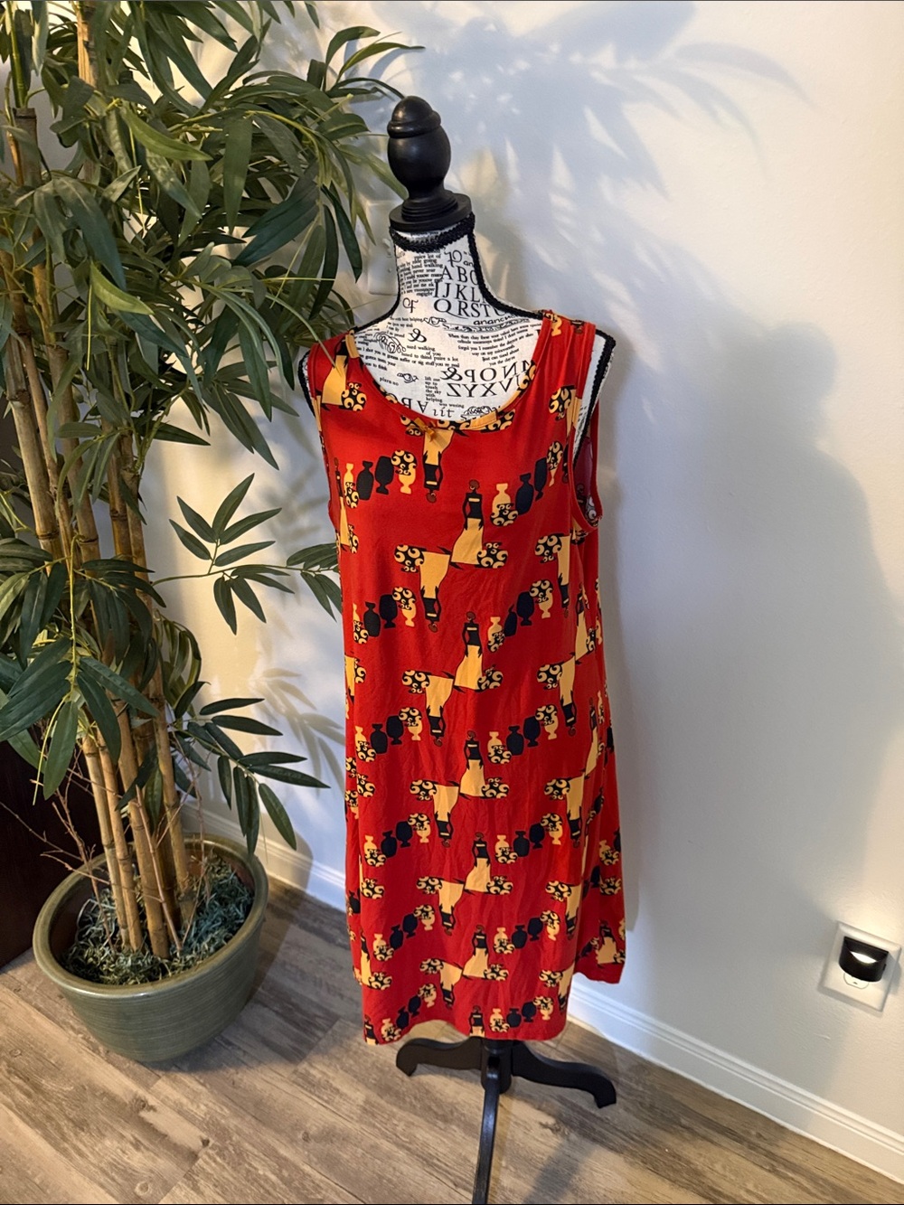 Red Sleeveless Midi Dress with Playful Cat Print